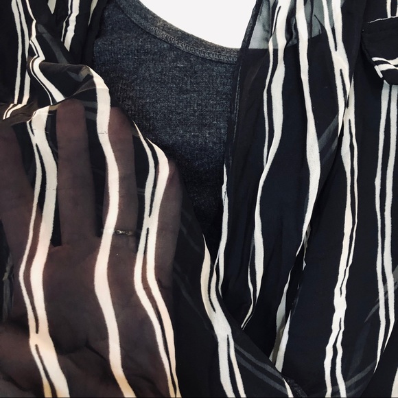 Pleione Blouse Sheer Black White Striped Surplice - Picture 7 of 8